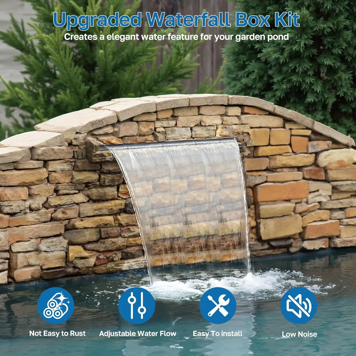 POPOSOAP 24 Inch Pond Waterfall Spillway with 1200GPH Pump, 304 Stainless Steel Waterfall Kit with 9.8FT Corrugated Tube, Pond Waterfall Box for Outdoor Pond Waterfall System Garden Decor