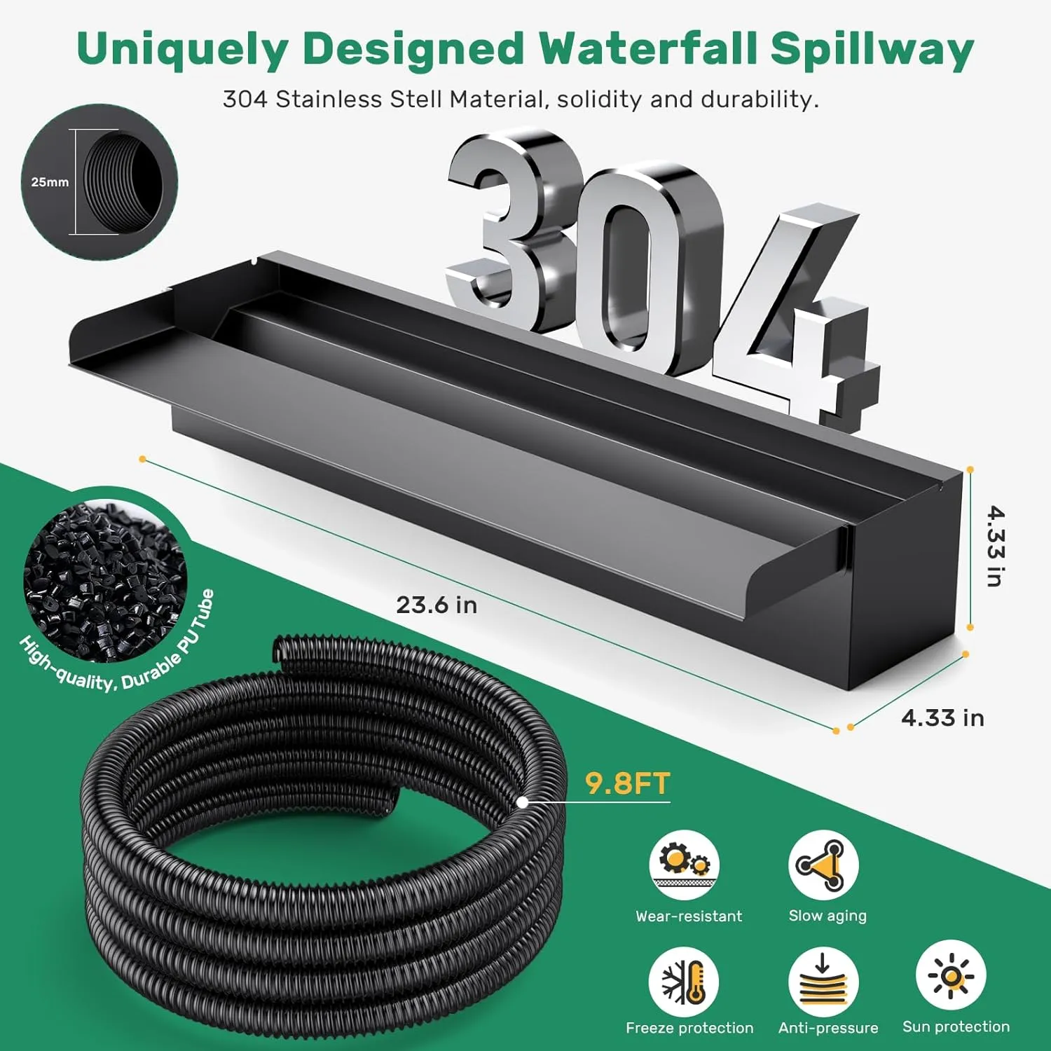 POPOSOAP 24Inch Pond Waterfall Spillway with Warm LED Light,304 Stainless Steel Waterfall Kit with 80W 1200GPH Pump & 9.8FT Corrugated Tube for Garden Decor Indoor/Outdoor Pond