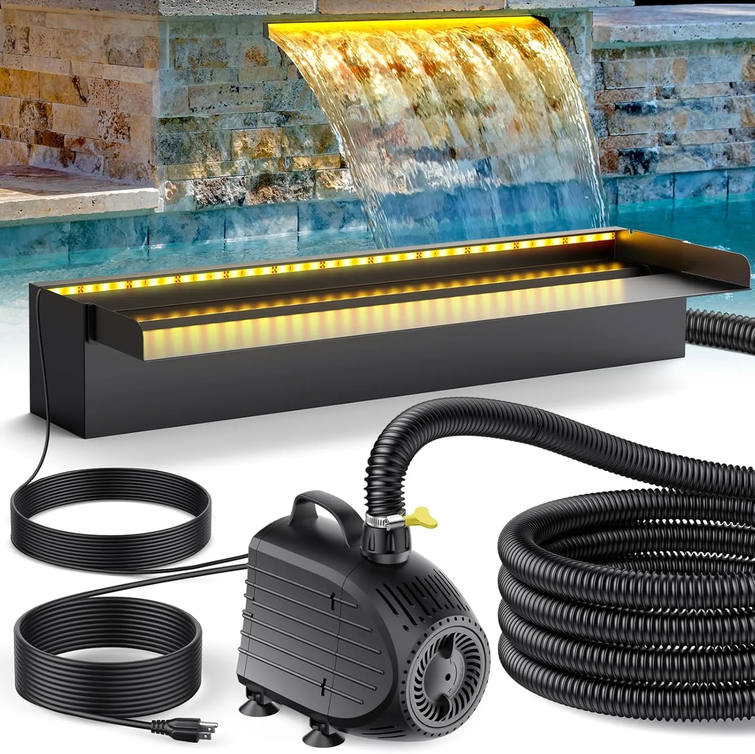 POPOSOAP 24Inch Pond Waterfall Spillway with Warm LED Light,304 Stainless Steel Waterfall Kit with 80W 1200GPH Pump & 9.8FT Corrugated Tube for Garden Decor Indoor/Outdoor Pond