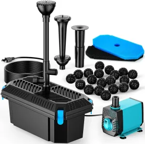 POPOSOAP Pond Filter with Pump Fountain Kits, 660GPH Pond Filter with 40W Pond Pump & Fountain Kit, Koi Pond Filters for Outdoor Ponds Clean, Clear, and Add Water Features(Corded Electric)