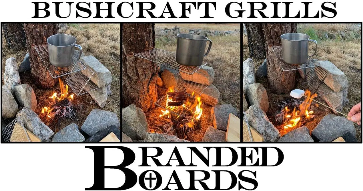 Portable Bushcraft Stainless BBQ Cooking Grill Grate, Bamboo Cutting Board, Burlap Bag, Mini Knife, Fire Starter Kits. Camping, Campfires, Backpacking, Hunting & Fishing Gear