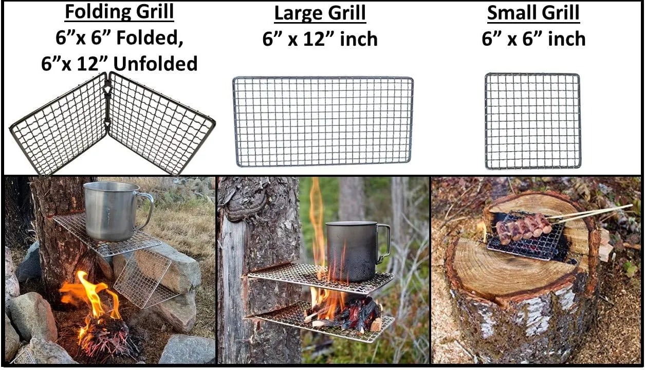 Portable Bushcraft Stainless BBQ Cooking Grill Grate, Bamboo Cutting Board, Burlap Bag, Mini Knife, Fire Starter Kits. Camping, Campfires, Backpacking, Hunting & Fishing Gear