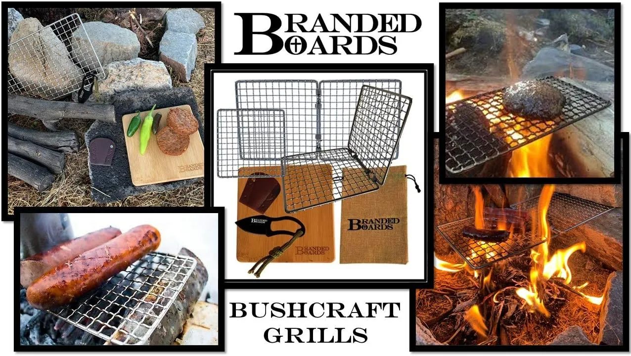 Portable Bushcraft Stainless BBQ Cooking Grill Grate, Bamboo Cutting Board, Burlap Bag, Mini Knife, Fire Starter Kits. Camping, Campfires, Backpacking, Hunting & Fishing Gear