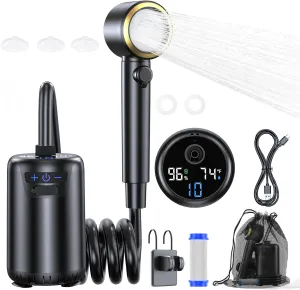 Portable Camping Shower, 8000mAh Rechargeable Outdoor Electric Shower Pump, Shower Head with LED Display, 3 Spray Mode, IPX7 Waterproof Shower Kit for Camp, Hiking, Car Washing,Travel