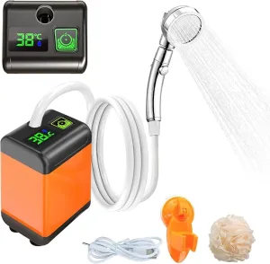 Portable Camping Shower, Camping Shower Pump, 3 Flow Modes, 6000mAh Battery-Powered, Smart Digital Display Intelligent Temperature Measurement, Suitable for Hiking, Traveling, Laundry, Pet Bath