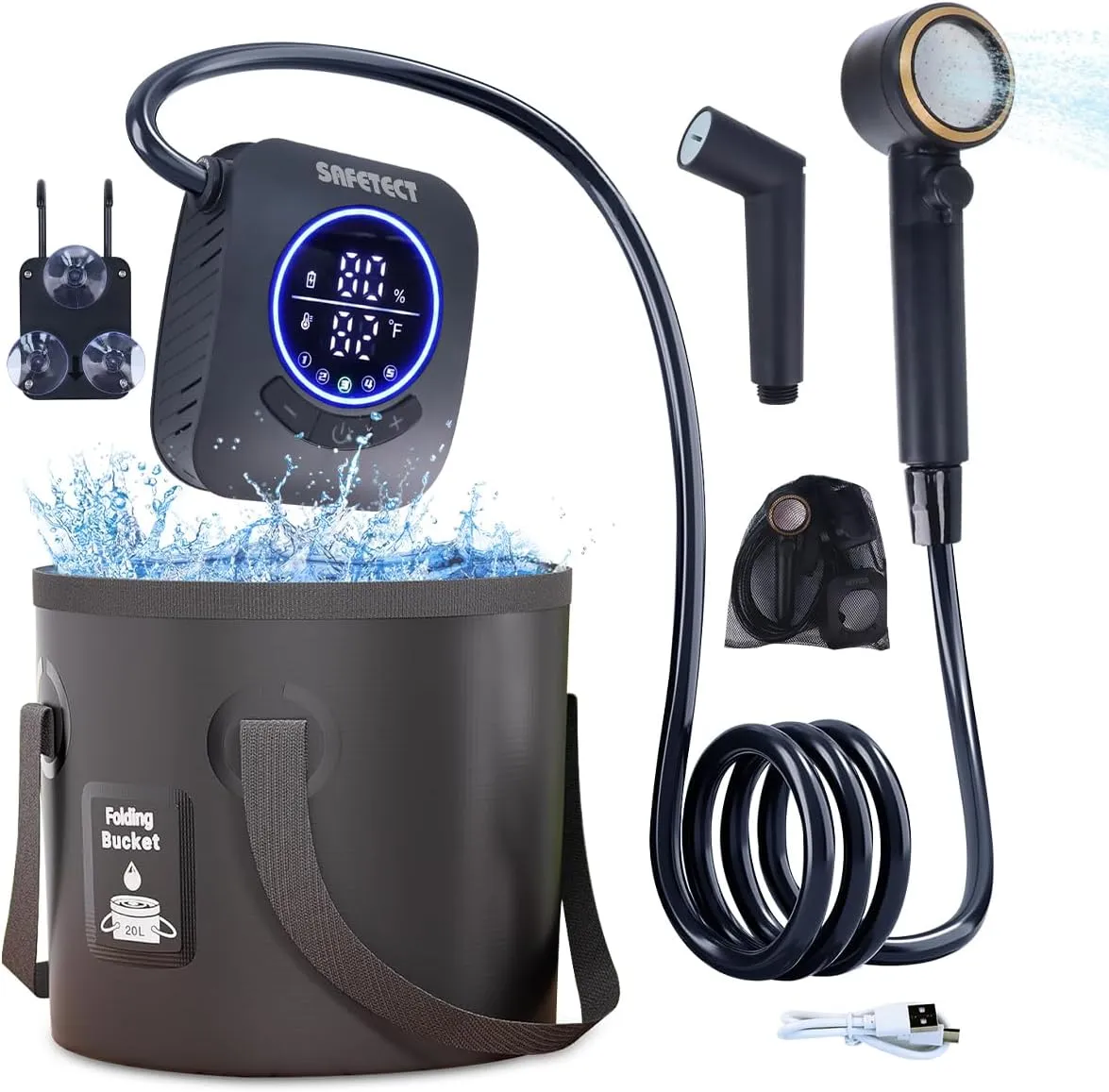 Portable Camping Shower Pump, IPX8 Waterproof, 8000mAh Rechargeable Shower Pump, 5 Speed Mode, 4 Mode Shower Head and 20 L Foldable Bucket, Camp Shower for Hiking,Travel Beach, Pet Bath, Car Washing