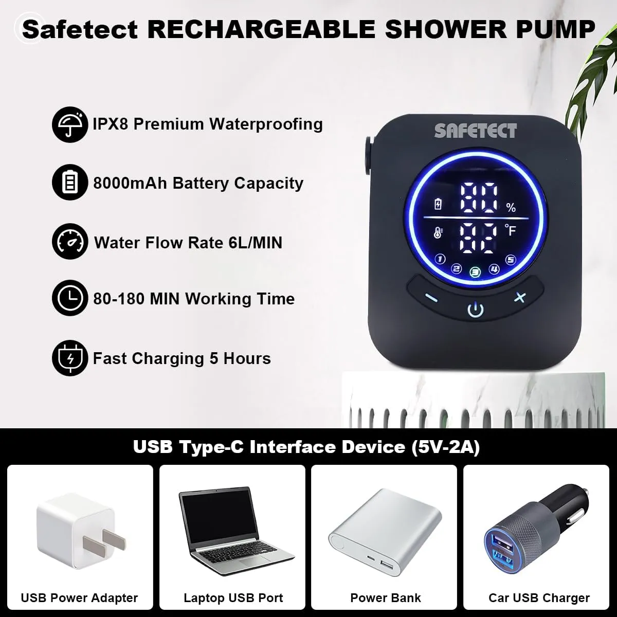 Portable Camping Shower Pump, IPX8 Waterproof, 8000mAh Rechargeable Shower Pump, 5 Speed Mode, 4 Mode Shower Head and 20 L Foldable Bucket, Camp Shower for Hiking,Travel Beach, Pet Bath, Car Washing
