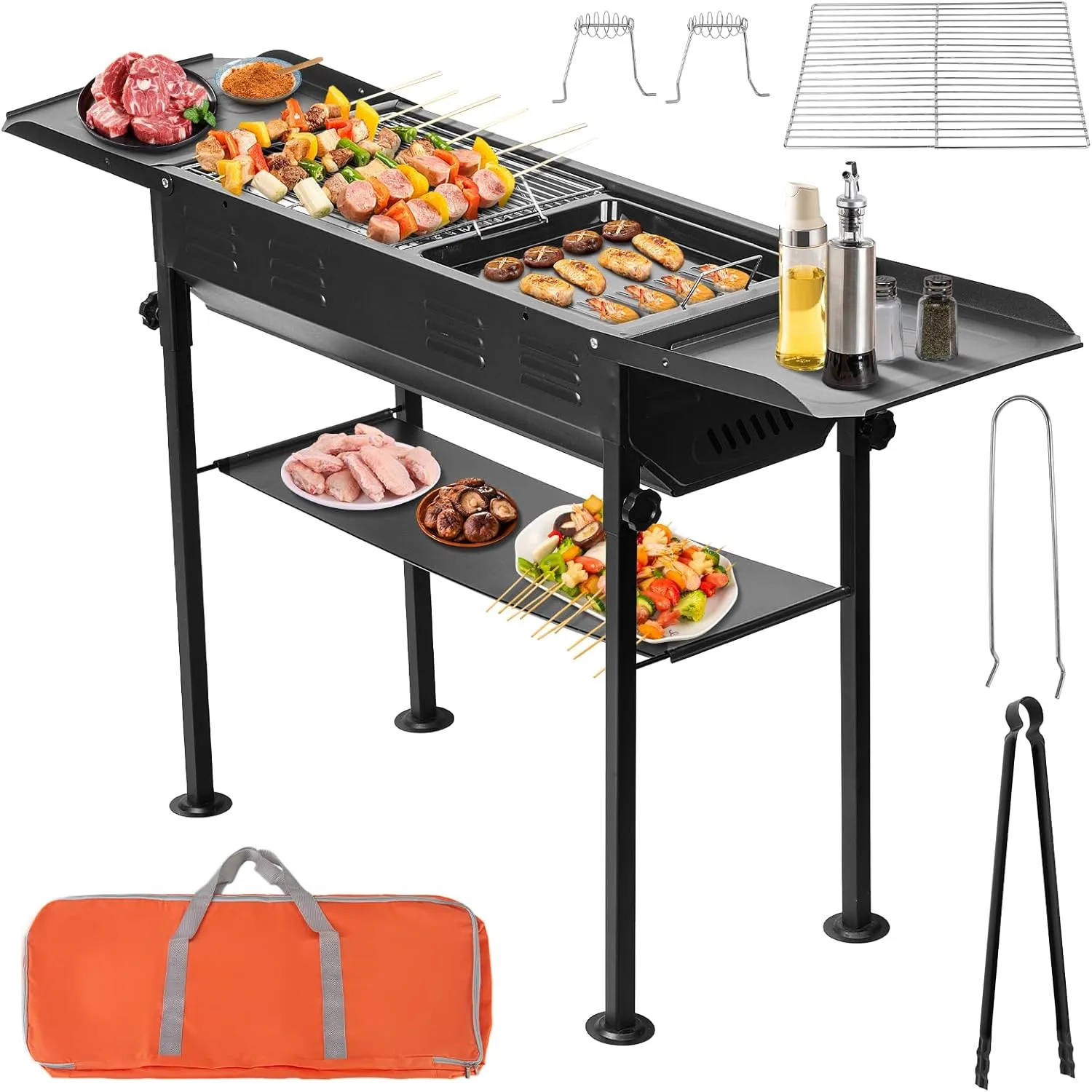 Portable Charcoal Grills Outdoor BBQ Grill Camping Grill Charcoal Kettle Grills Outdoor Cooking Hibachi Kebab Skewer with Storage Shelf and Bag