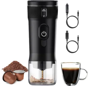 Portable Coffee Maker Mini Espresso Coffee Machine 100W Car Coffee Maker Self-Heating Travel Espresso Coffee Machine for NS Capsule & Ground Coffee for Car Camping, RV, Hiking, Black