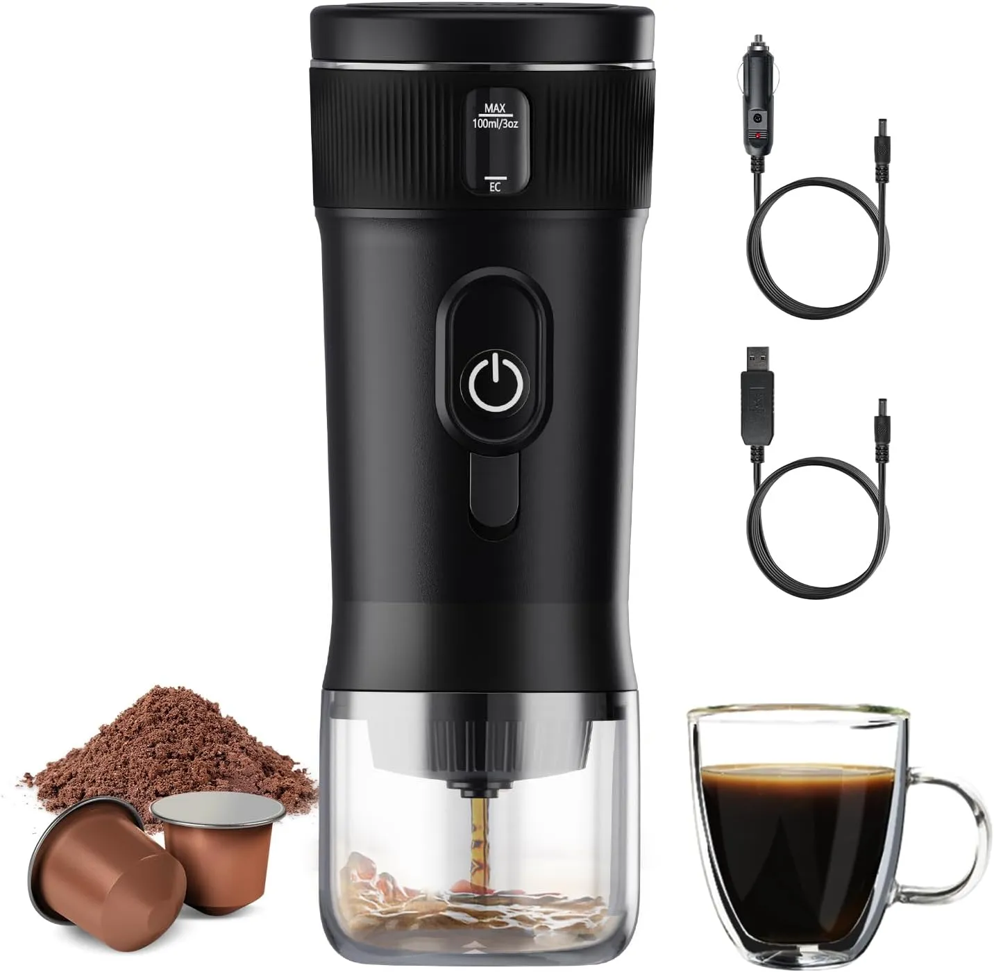 Portable Coffee Maker Mini Espresso Coffee Machine 100W Car Coffee Maker Self-Heating Travel Espresso Coffee Machine for NS Capsule & Ground Coffee for Car Camping, RV, Hiking, Black