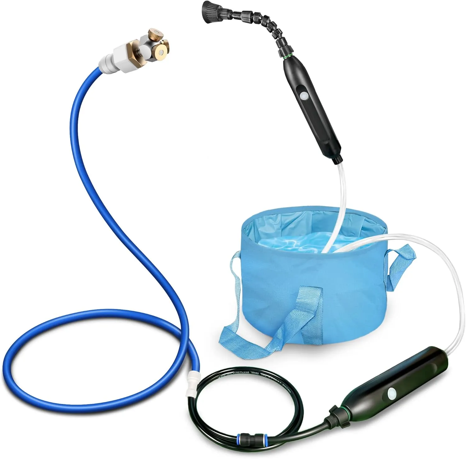 Portable Misting System with Water Pump, Plant Sprayer & Garden Hose Mister 3-in-1, No Faucet Required Misters for Outside Patio Beach Camping Golf Cart Boat, Smart Misting Cooling System