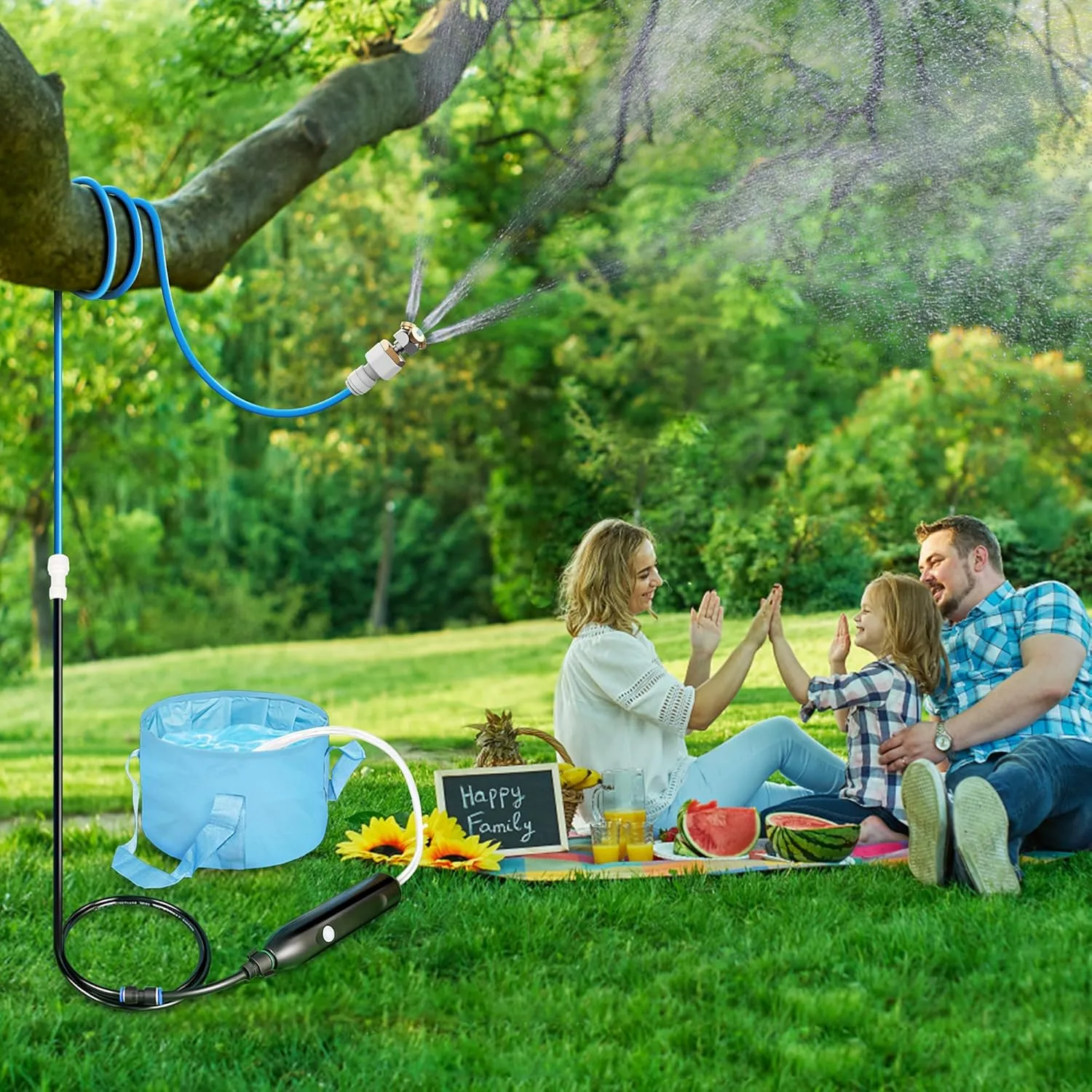 Portable Misting System with Water Pump, Plant Sprayer & Garden Hose Mister 3-in-1, No Faucet Required Misters for Outside Patio Beach Camping Golf Cart Boat, Smart Misting Cooling System