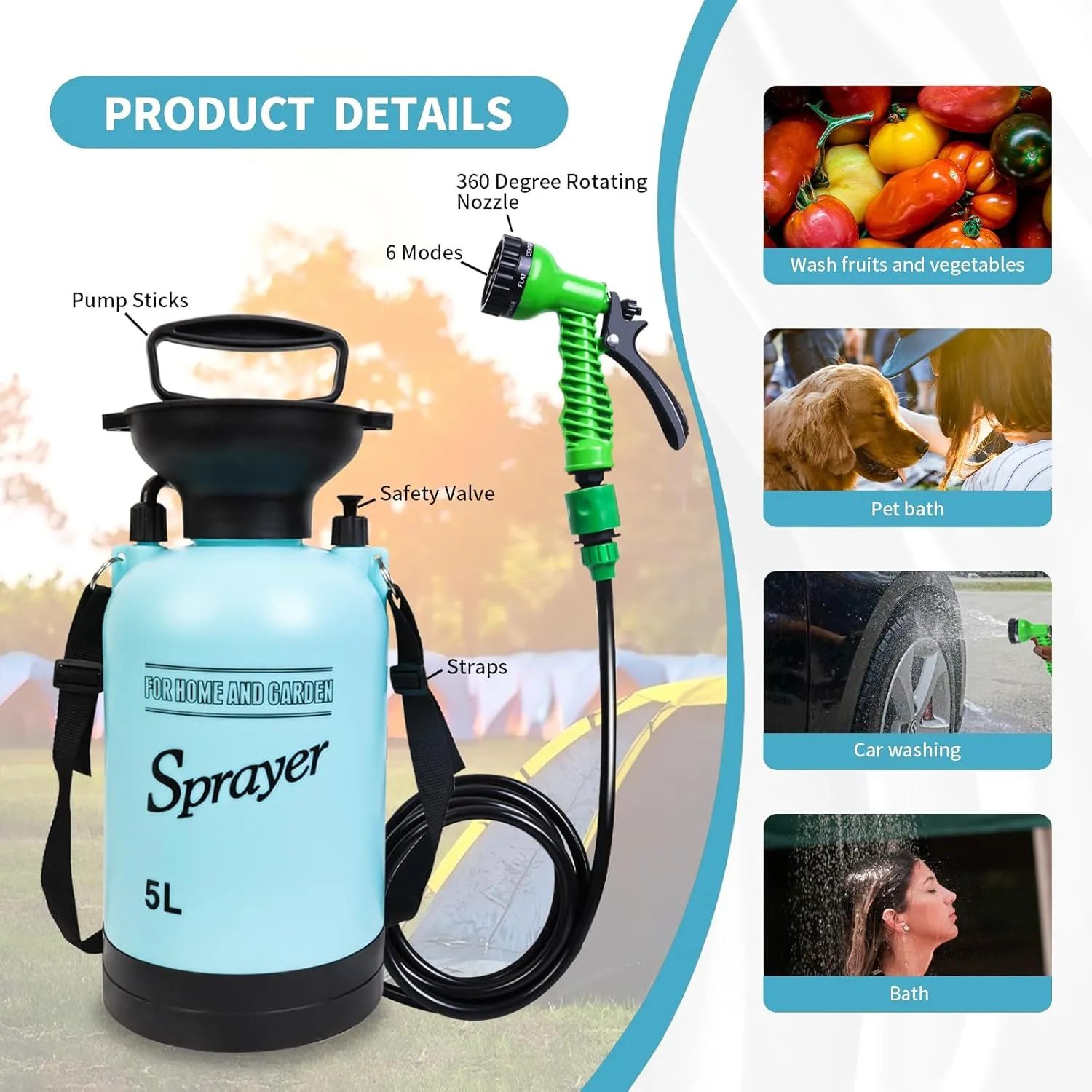 Portable Shower Blue with 7 Spray Modes, Hand Press with Removable Hose and Shower Head