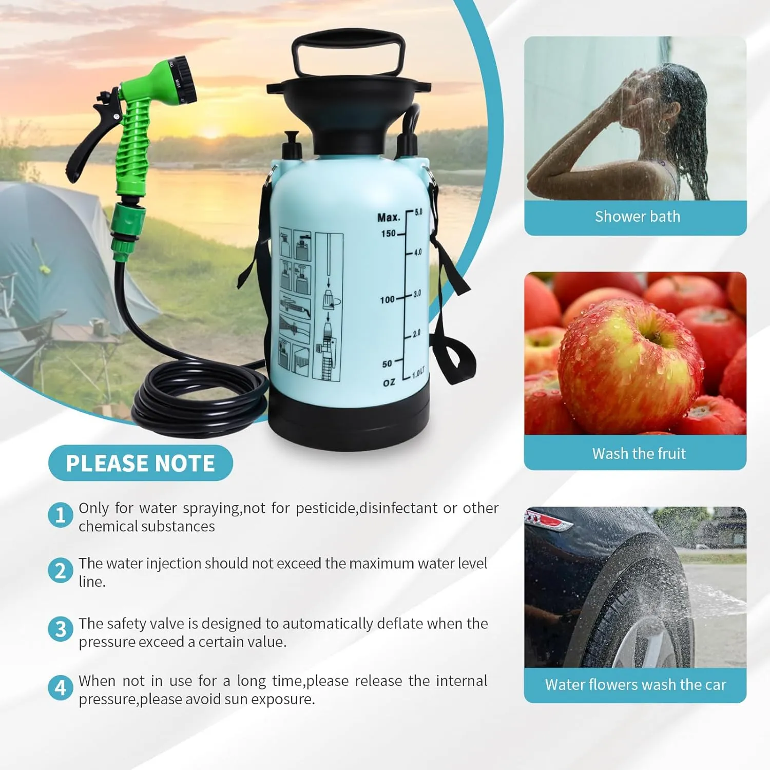 Portable Shower Blue with 7 Spray Modes, Hand Press with Removable Hose and Shower Head