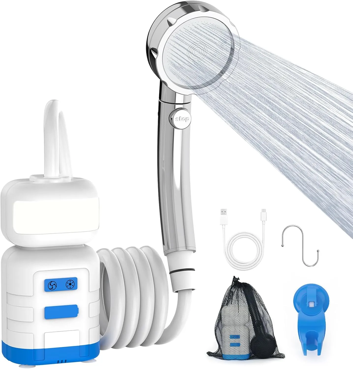 Portable Shower For Camping，Upgraded 8000mah Rechargeable Camping Shower With Lighting, IPX7 Waterproof Camp Shower For Outdoor Lighting, Car Washing, Flower Watering, Pet Cleaning