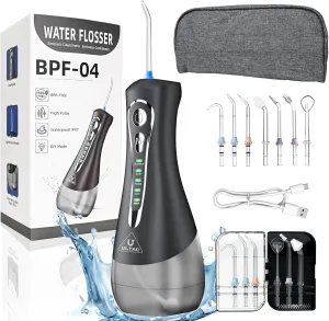 Portable Water Flosser with 7 Tips - Oral Irrigator Water Flosser Cordless 4 Modes and Rechargeable Irrigador Dental for Braces Teeth IPX7 Waterproof with 320ml Tank and Tips Box Travel Case(Black)