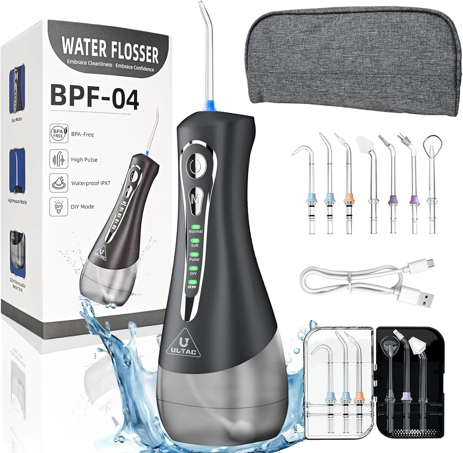 Portable Water Flosser with 7 Tips - Oral Irrigator Water Flosser Cordless 4 Modes and Rechargeable Irrigador Dental for Braces Teeth IPX7 Waterproof with 320ml Tank and Tips Box Travel Case(Black)