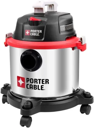 Porter-Cable Wet/Dry Vacuum 5 Gallon 4HP Stainless Steel Light Weight Portable, 3 in 1 Function with Attachments, Silver Red, Model: PCX18406-5B