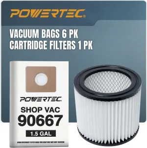 POWERTEC 90667 Shop Vacuum Bags 6PK & 90398 Cartridge Filter 1PK, for Shop Vac 9066700 Type A 1-1.5 Gallon Filter Bag/Type AA Filter, fits Most 4 Gallon and Less Wet/Dry Vacuum Cleaners (75110)