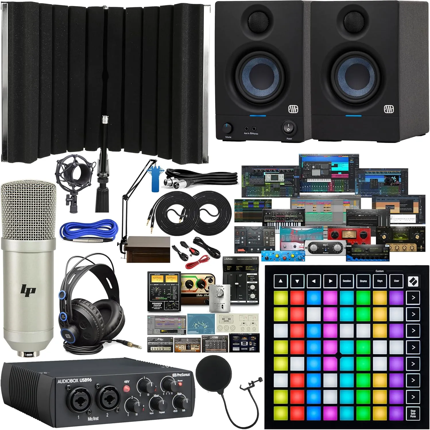 PreSonus AudioBox 96 Audio Interface Bundle Includes Software Kit, Novation Launchpad Mini Pad Controller, New Designed Eris 3.5 Studio Monitors, and Adjustable Suspension Boom Arm   HD7 Headphones