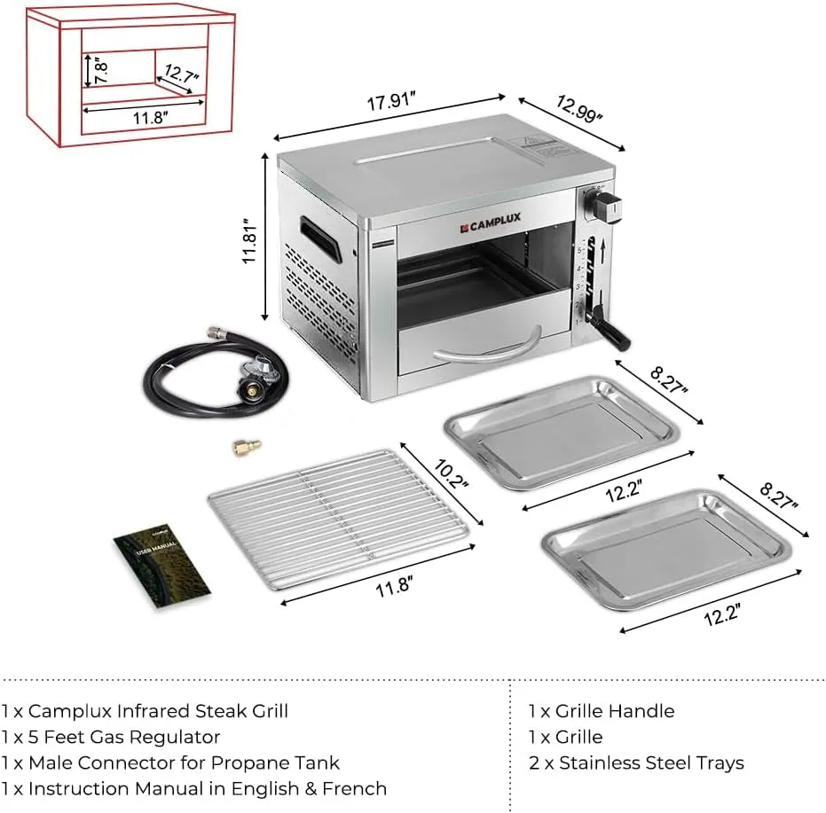 Propane Infrared Steak Grill,1600℉ Fast Efficient Heating Outdoor Portable Gas Grill with Vertical Cooking,Stainless Steel Single Burner Propane Gas Grill,Perfect for Steak,Ribeyes,Picnic,Bbq