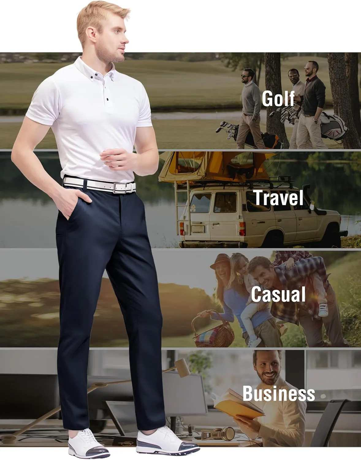 PULI Golf Pants Men Stretch Slim Fit Lightweight Waterproof Dress Casual Hiking Work Pants with Pockets