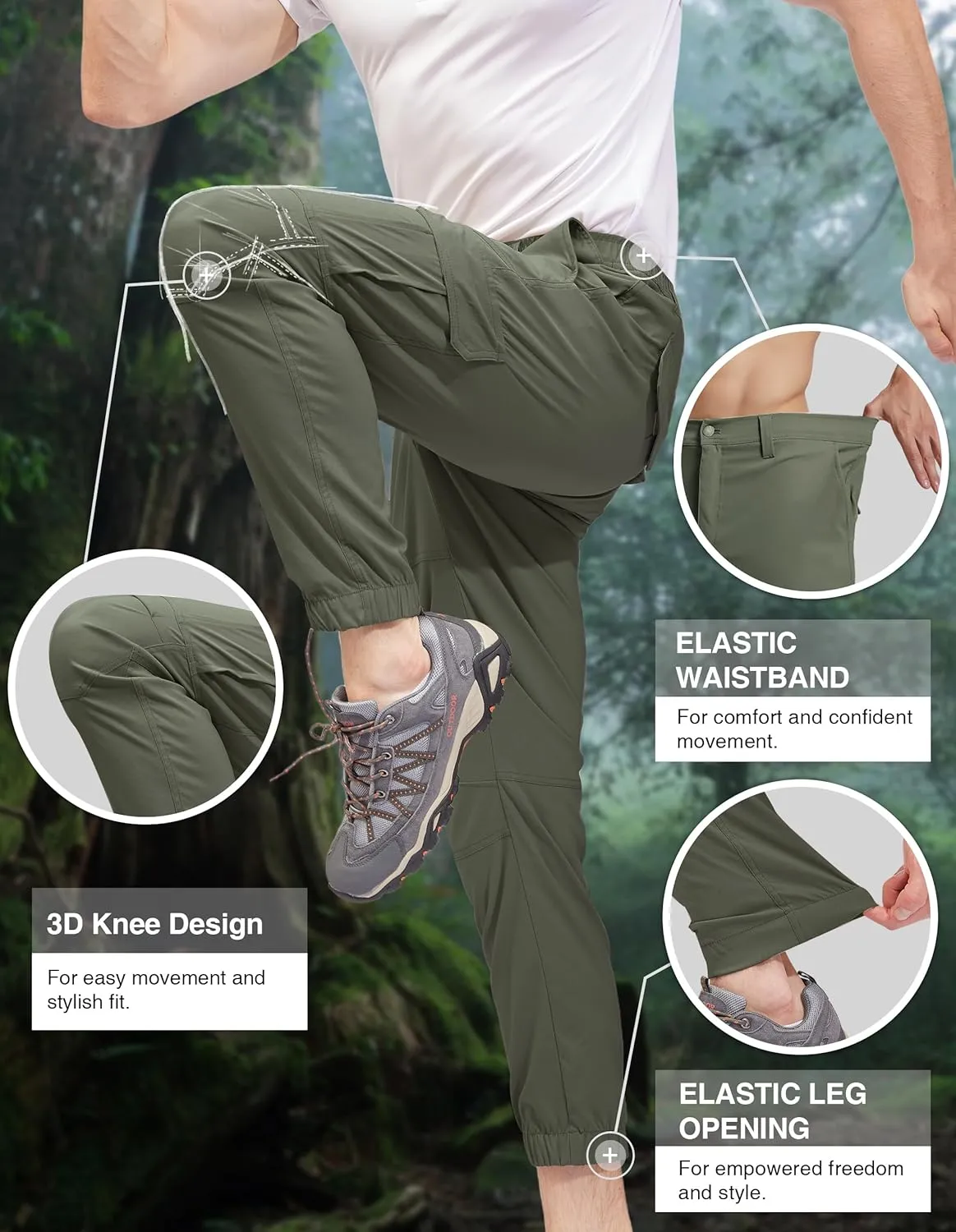 PULI Men's Waterproof Hiking Pants, Slim Fit Cargo Joggers, Stretch Quick Dry Outdoor Pants with Pockets