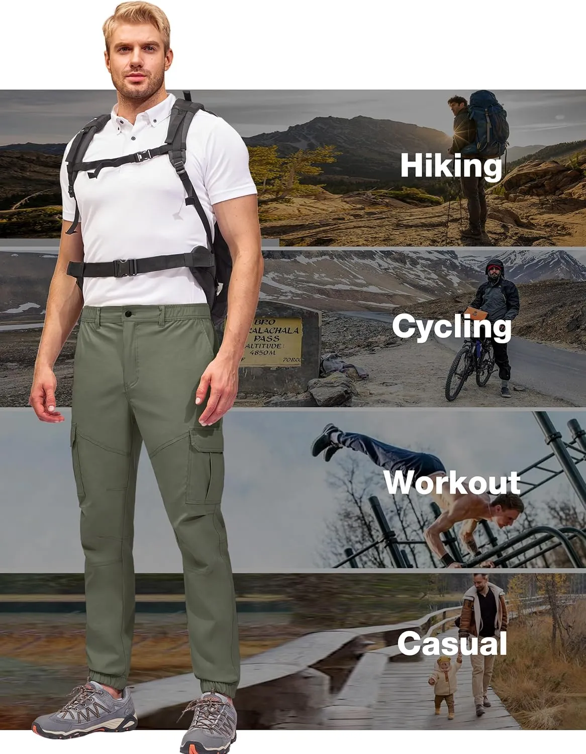 PULI Men's Waterproof Hiking Pants, Slim Fit Cargo Joggers, Stretch Quick Dry Outdoor Pants with Pockets