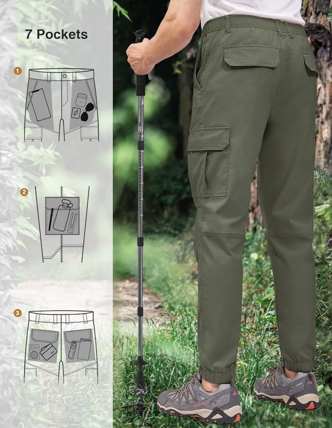 PULI Men's Waterproof Hiking Pants, Slim Fit Cargo Joggers, Stretch Quick Dry Outdoor Pants with Pockets