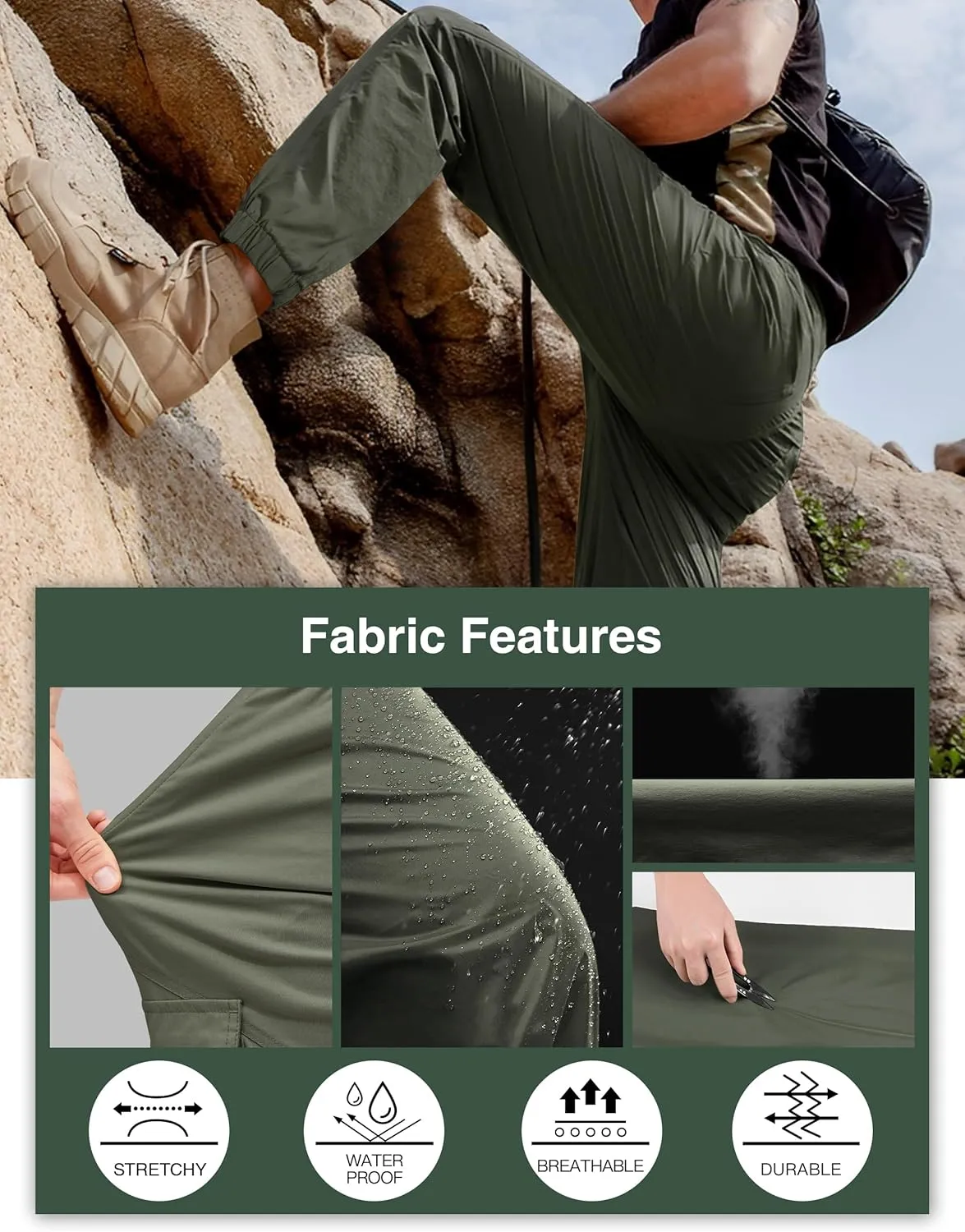PULI Men's Waterproof Hiking Pants, Slim Fit Cargo Joggers, Stretch Quick Dry Outdoor Pants with Pockets