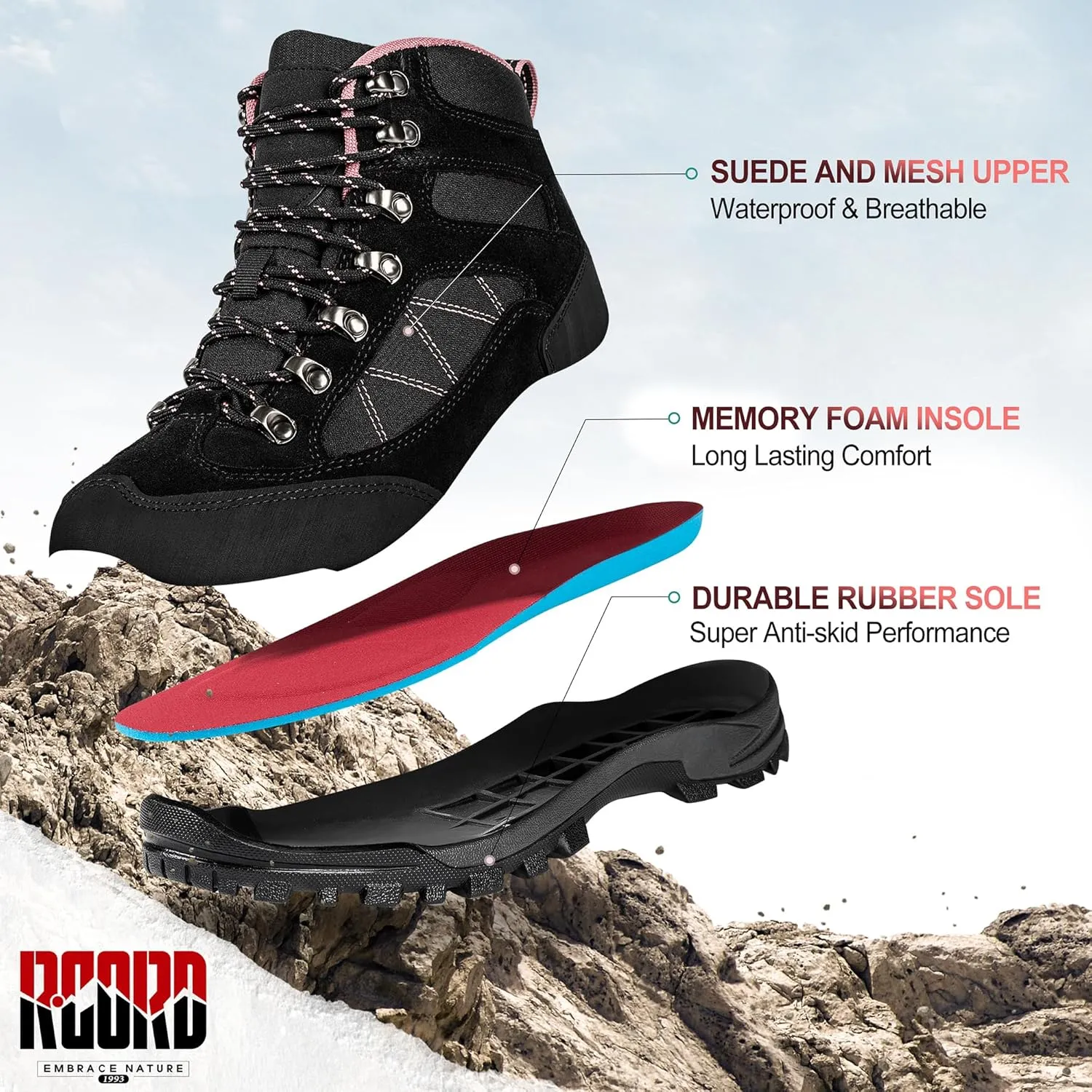 R CORD Hiking Boots Women Waterproof Ankle Support Womens Hiking Boots Backpacking Boots Breathable Non-slip Durable Boots for Outdoors