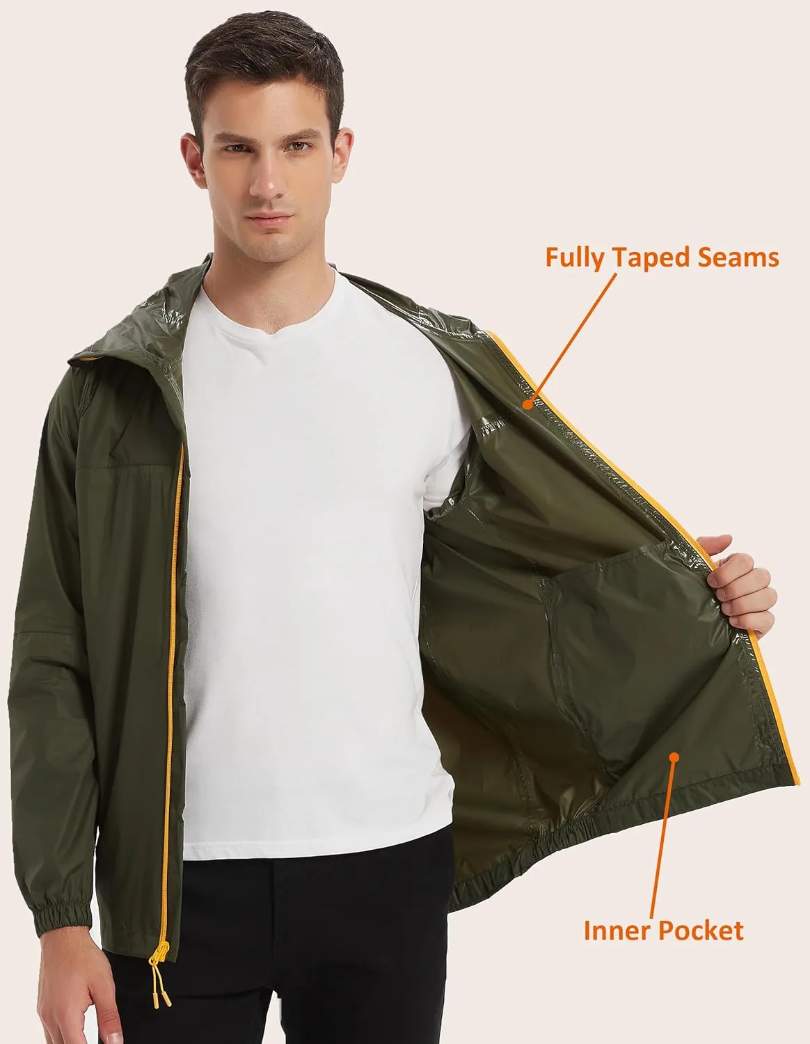 Rain Jacket Men Packable Lightweight, Waterproof Breathable Raincoat with Hood, Outdoor Hiking Winbreaker