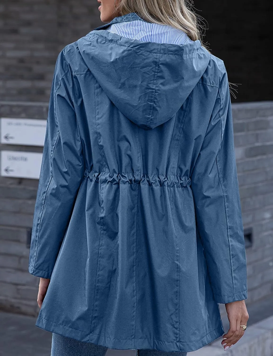 Rain Jacket Women Striped Lined Hooded Lightweight Raincoat Outdoor Waterproof Windbreaker