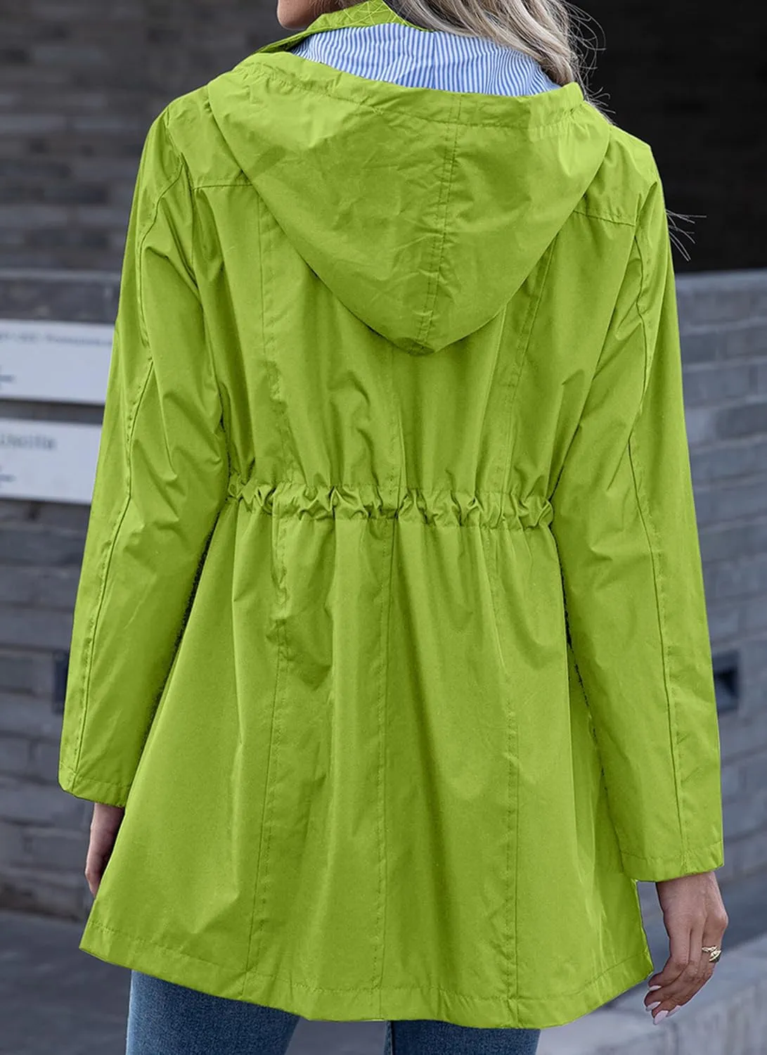 Rain Jacket Women Striped Lined Hooded Lightweight Raincoat Outdoor Waterproof Windbreaker