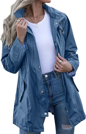 Rain Jacket Women Striped Lined Hooded Lightweight Raincoat Outdoor Waterproof Windbreaker