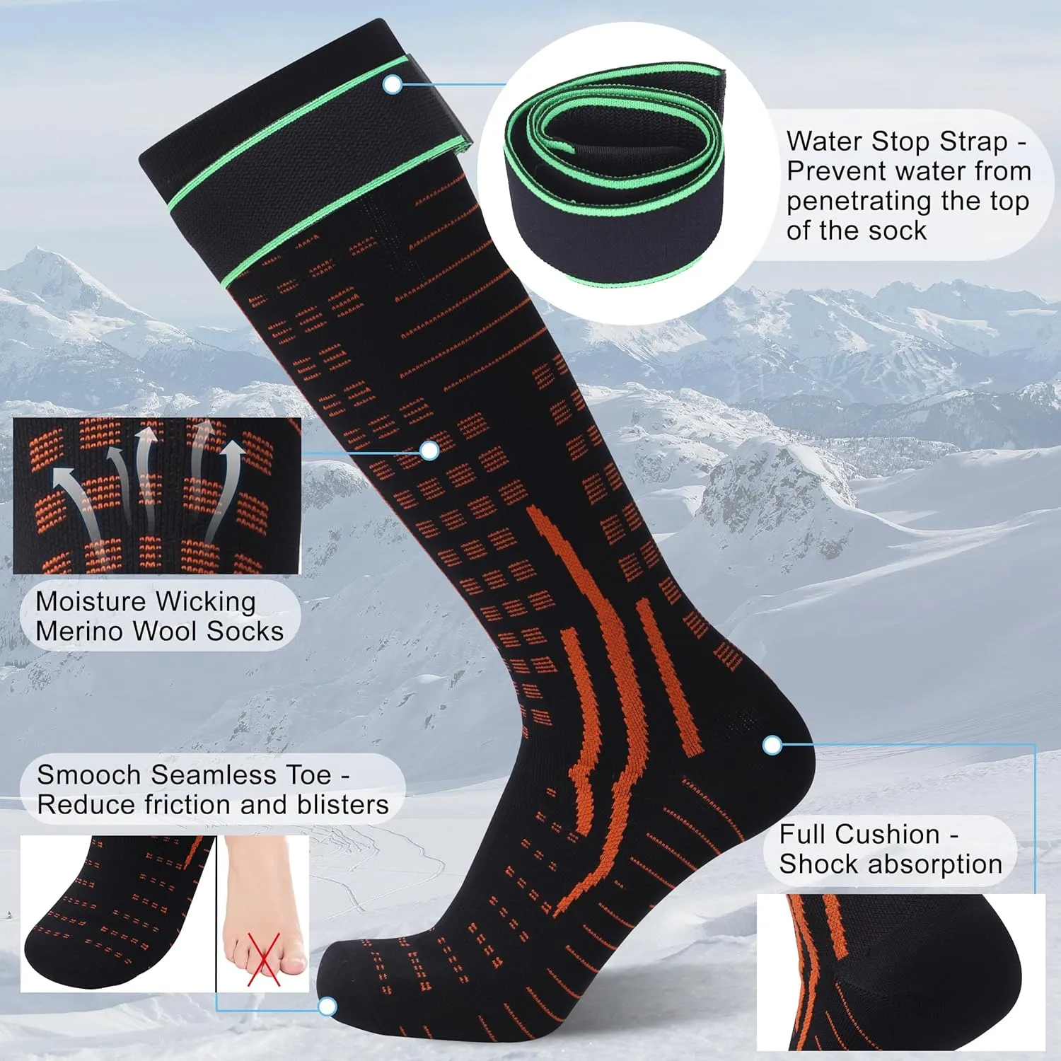 RANDY SUN Merino Wool Waterproof Socks, Men Women Knee High Breathable Hiking Running Socks 1 Pair