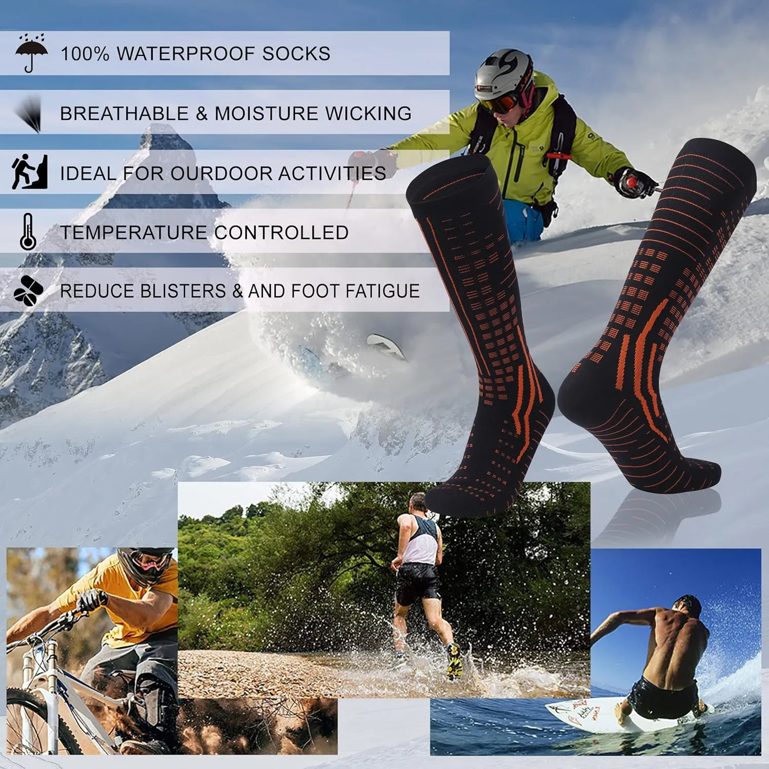 RANDY SUN Merino Wool Waterproof Socks, Men Women Knee High Breathable Hiking Running Socks 1 Pair