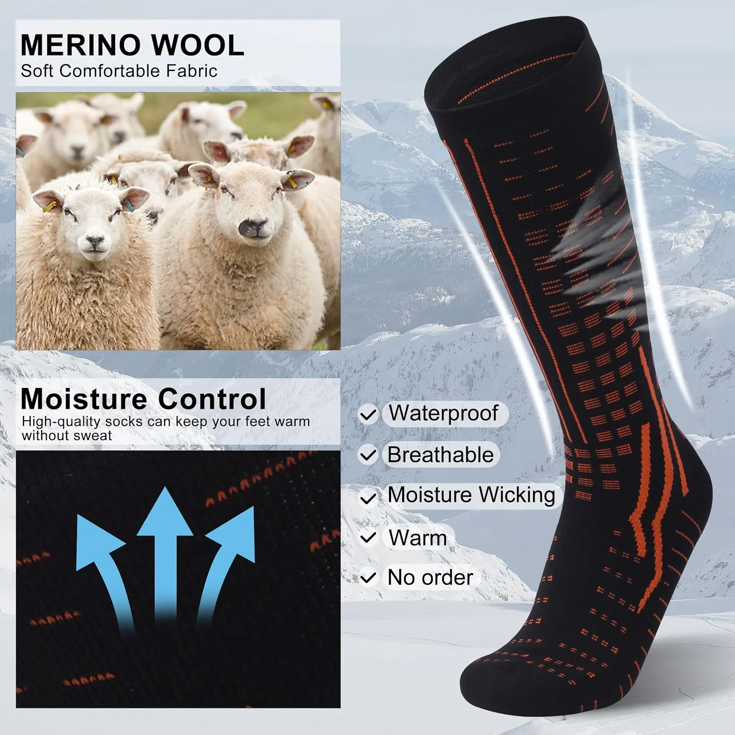 RANDY SUN Merino Wool Waterproof Socks, Men Women Knee High Breathable Hiking Running Socks 1 Pair