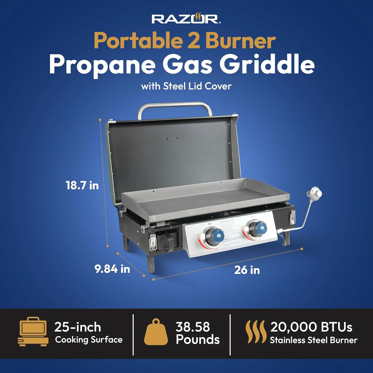 Razor Griddle 25 Inch Outdoor 2 Burner Portable LP Propane Gas Grill Griddle with 318 Square Inches and Top Cover Lid for BBQ Cooking, Black