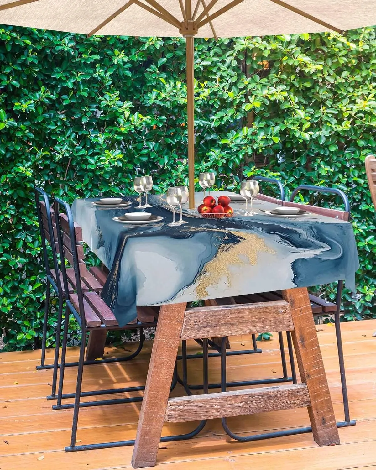 Rectangle Outdoor Tablecloth with Umbrella Hole 60"x84", Modern Blue Abstract Marble Texture Table Cloth with Zipper, Waterproof Protect Table Covers for Dining Garden Courtyard Patio Camping