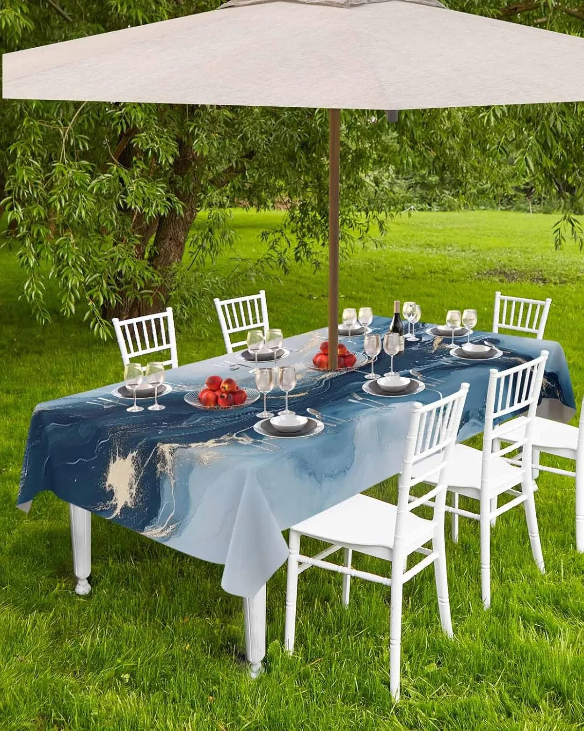 Rectangle Outdoor Tablecloth with Umbrella Hole 60"x84", Modern Blue Abstract Marble Texture Table Cloth with Zipper, Waterproof Protect Table Covers for Dining Garden Courtyard Patio Camping