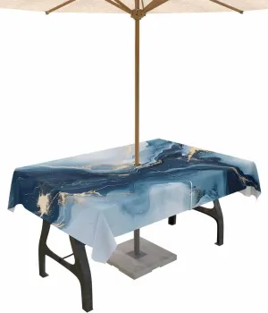 Rectangle Outdoor Tablecloth with Umbrella Hole 60"x84", Modern Blue Abstract Marble Texture Table Cloth with Zipper, Waterproof Protect Table Covers for Dining Garden Courtyard Patio Camping