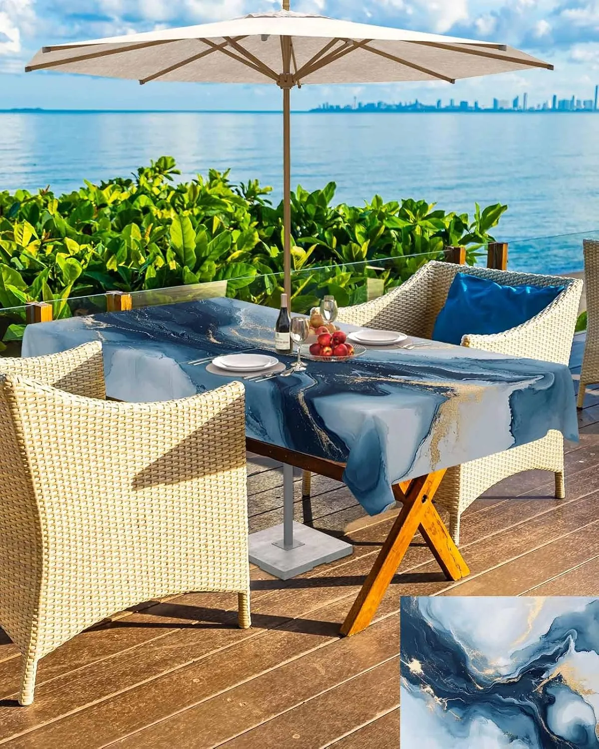 Rectangle Outdoor Tablecloth with Umbrella Hole 60"x84", Modern Blue Abstract Marble Texture Table Cloth with Zipper, Waterproof Protect Table Covers for Dining Garden Courtyard Patio Camping