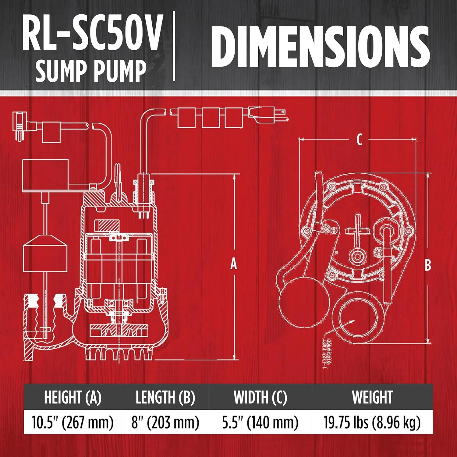 Red Lion RL-SC50V 115-Volt, 1/2 HP, 4300 GPH Cast Iron Sump Pump with Vertical Switch, 10-Ft. Cord, Red, 14942747