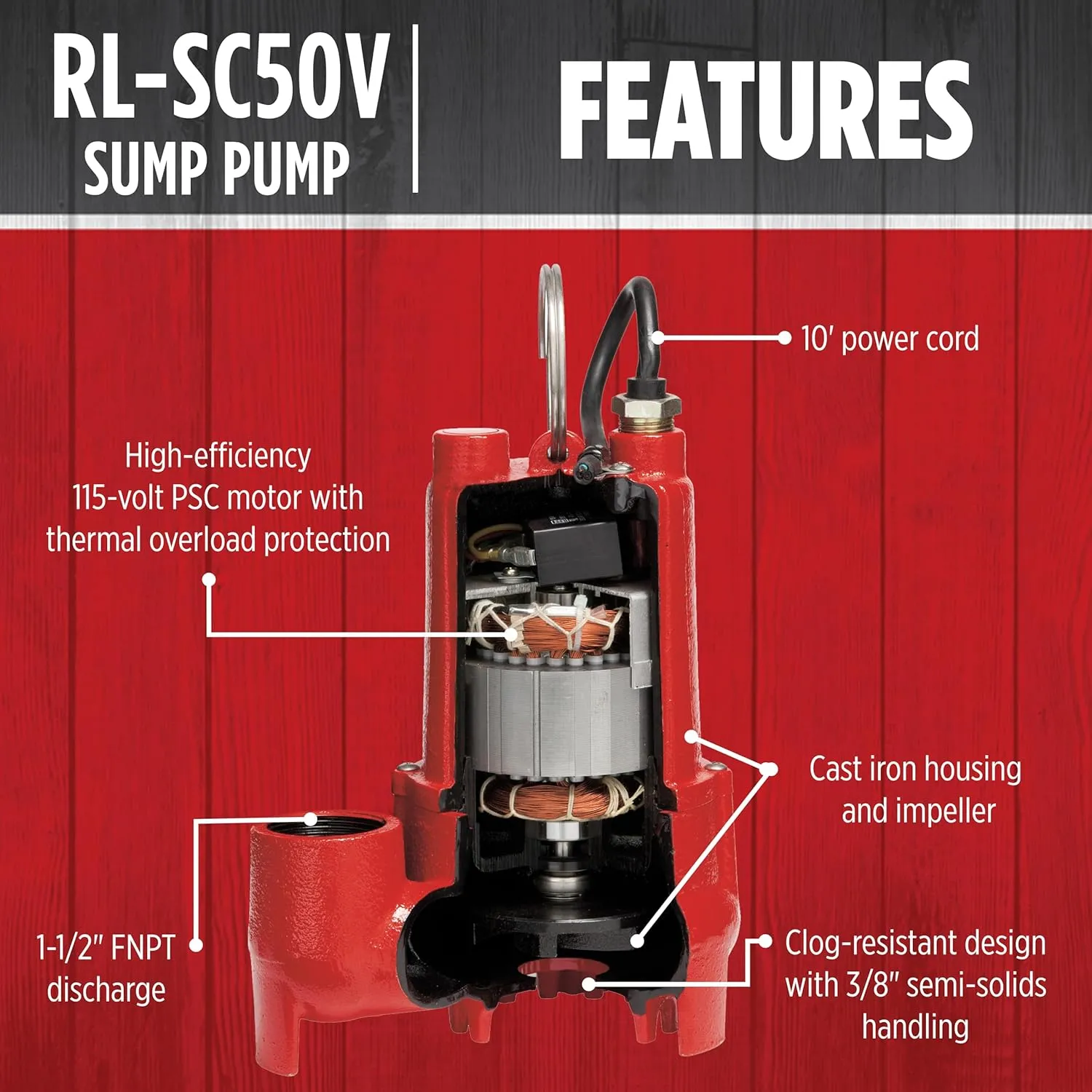 Red Lion RL-SC50V 115-Volt, 1/2 HP, 4300 GPH Cast Iron Sump Pump with Vertical Switch, 10-Ft. Cord, Red, 14942747
