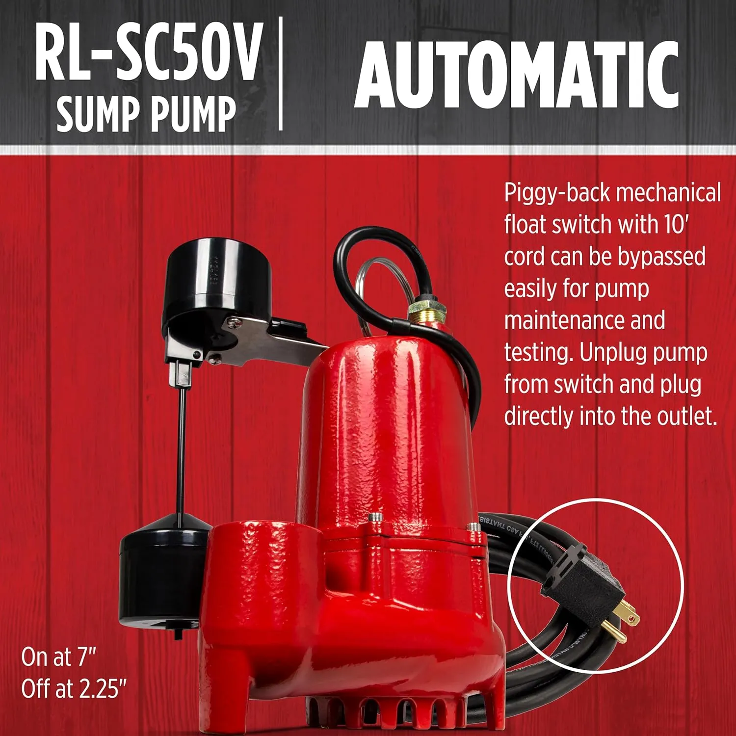 Red Lion RL-SC50V 115-Volt, 1/2 HP, 4300 GPH Cast Iron Sump Pump with Vertical Switch, 10-Ft. Cord, Red, 14942747