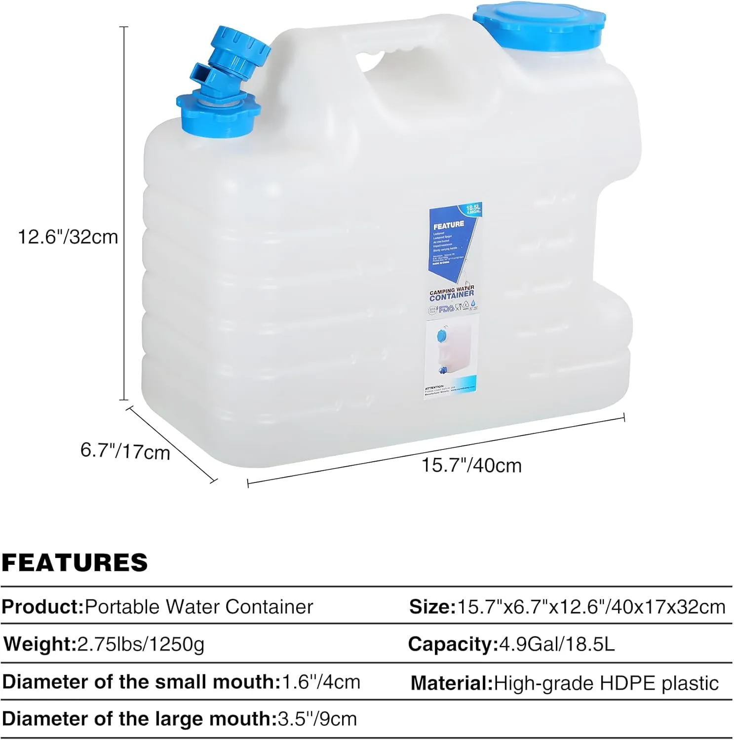 REDCAMP 5 Gallon/18.5L Portable Water Container with Spigot - Camping & Emergency Water Storage for Car, Hiking, Hurricane Supplies