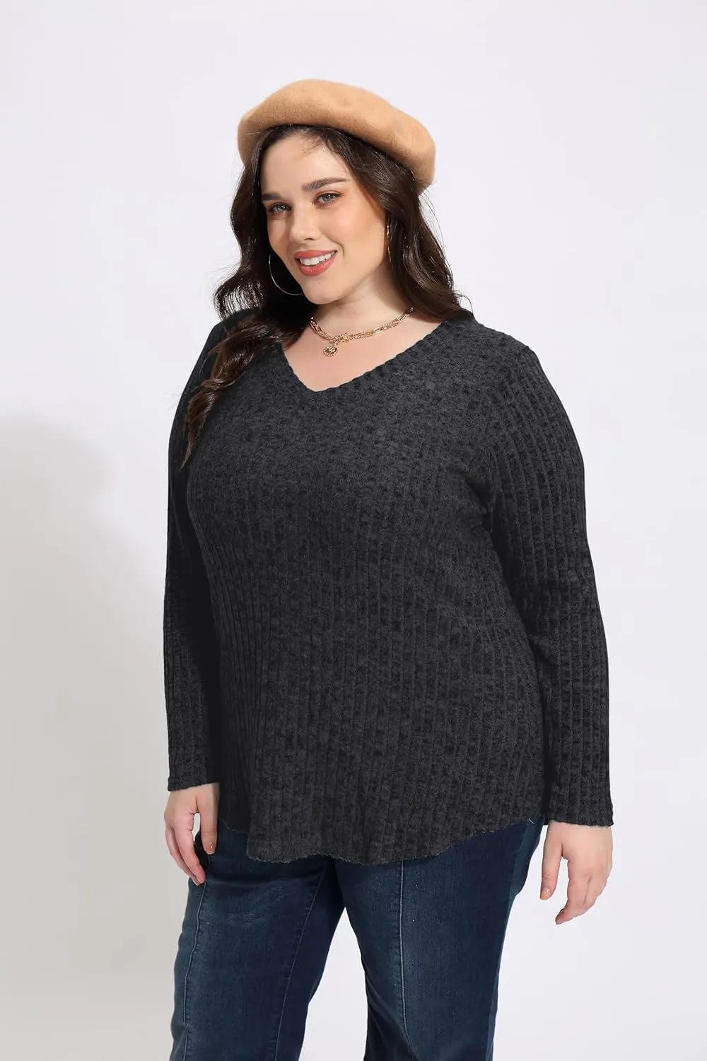 RITERA Plus Size Tops for Women Long Sleeve V/Cowl Neck Lightweight Sweatshirts Pullover Tunics Sweaters Fall Winter XL-5XL