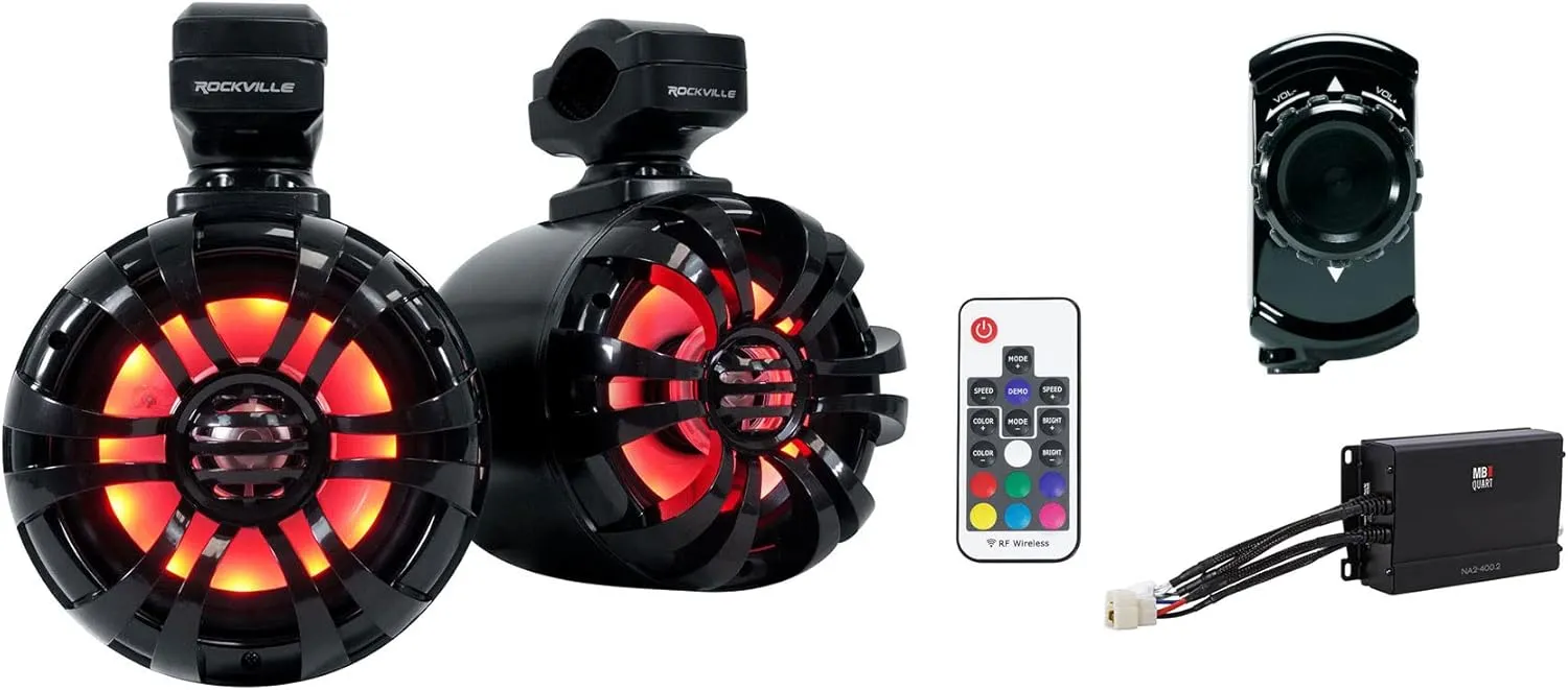 Rockville (2) 5.25" LED Black Tower Speakers Bundle with MB Quart Amp Bluetooth RZR/ATV/UTV (4 Items)