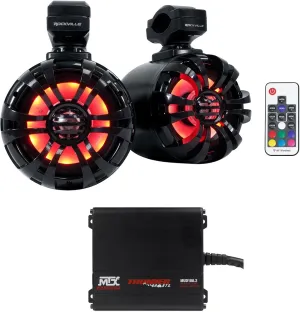 Rockville (2) WB50KLS Black 5.25" LED Tower Speakers Bundle with MTX Amp for RZR/ATV/UTV (3 Items)